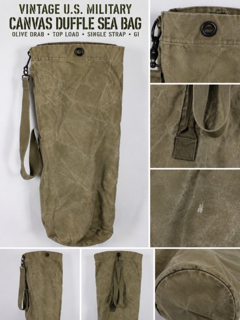 Vintage US Military Canvas Duffle Sea Bag Olive Drab Top Load Single Strap GI